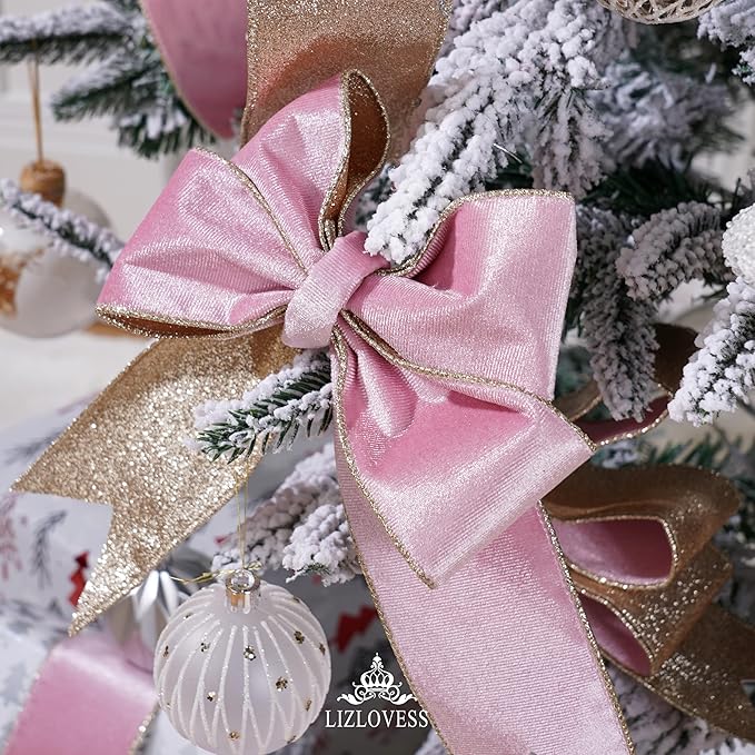 Pink Velvet Wired Ribbon with Glitter Back 2.5 Inch Pink and Gold Christmas Ribbon Wired Ribbon for Christmas Tree, Gift Wrapping, Mantel, Wreaths Supplies, Topper Bows (10 Yards)