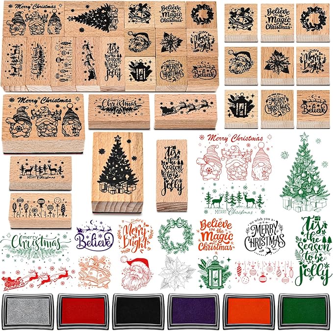 Marspark 22 Pcs Christmas Wooden Rubber Stamps and Craft Ink Pads Set Mixed Christmas DIY Cards Wooden Rubber Stamps for Party Scrapbooking Cards Making Supplies Gift Decor