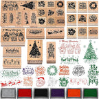 Marspark 22 Pcs Christmas Wooden Rubber Stamps and Craft Ink Pads Set Mixed Christmas DIY Cards Wooden Rubber Stamps for Party Scrapbooking Cards Making Supplies Gift Decor