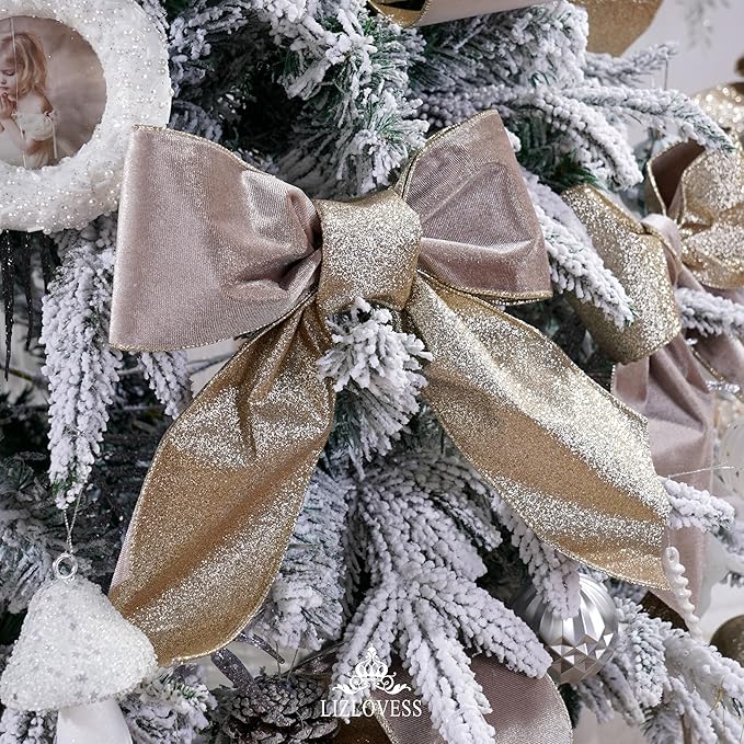 Taupe Velvet Wired Ribbon with Glitter Back 4 Inch Camel and Gold Christmas Ribbon Wired Taupe Ribbon for Christmas Tree, Gift Wrapping, Mantel, Wreaths Supplies, Topper Bows (10 Yards)