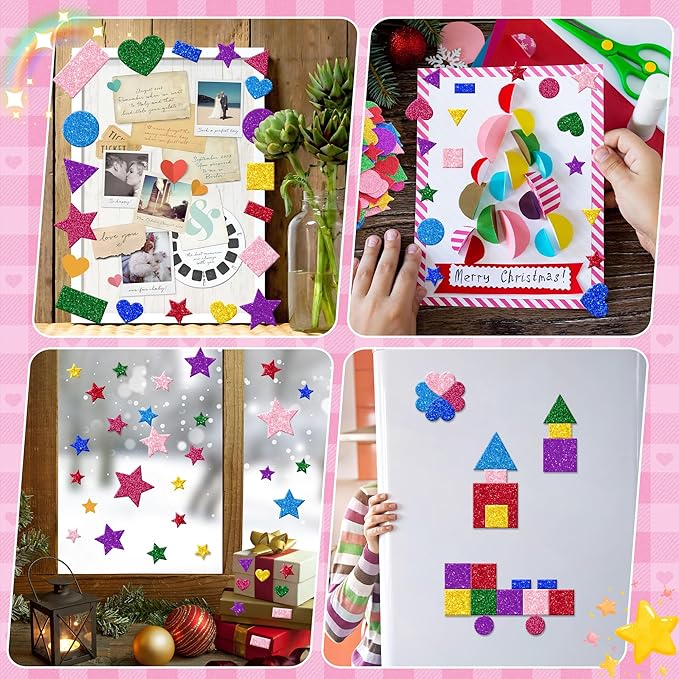 1000 Pcs Foam Stickers Glitter Shape Stickers Colorful Heart Stars Circle Sticker Self Adhesive Geometric Sticker for Kids Crafts Supplies Preschool DIY Art Project Scrapbooking Home Decor(Geometric)