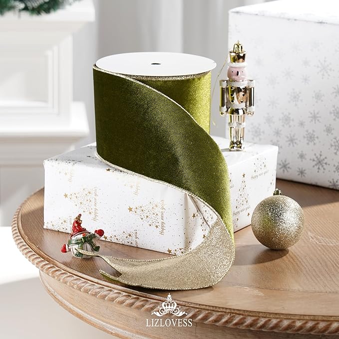 Moss Velvet Wired Ribbon with Glitter Back 4 Inch Green and Gold Christmas Ribbon Wired Olive Ribbon for Christmas Tree, Gift Wrapping, Crafts, Wreaths Supplies, Topper Bows (10 Yards)