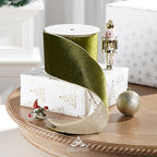 Moss Velvet Wired Ribbon with Glitter Back 4 Inch Green and Gold Christmas Ribbon Wired Olive Ribbon for Christmas Tree, Gift Wrapping, Crafts, Wreaths Supplies, Topper Bows (10 Yards)