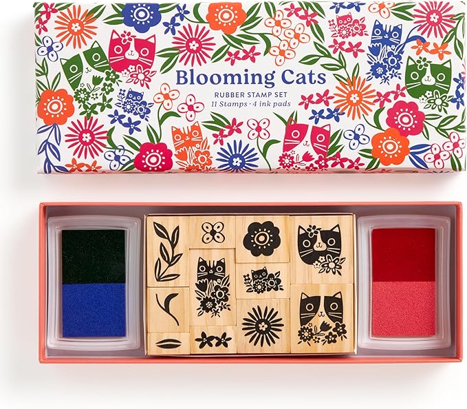 Galison Blooming Cats – Rubber Stamp Set Includes 4 Beautiful Colored Ink Pads and 11 Unique Cat Themed Wooden Stamp Blocks