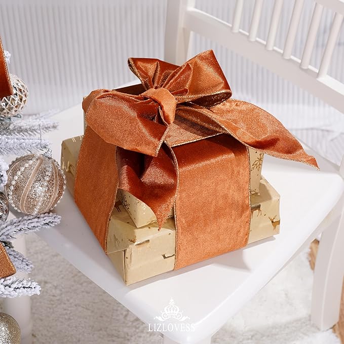 Copper Velvet Wired Ribbon with Glitter Back 4 Inch Copper Christmas Ribbon Wired Ribbon for Christmas Tree Decorations, Gift Wrapping, Crafts, Wreaths Supplies, Topper Bows (10 Yards)