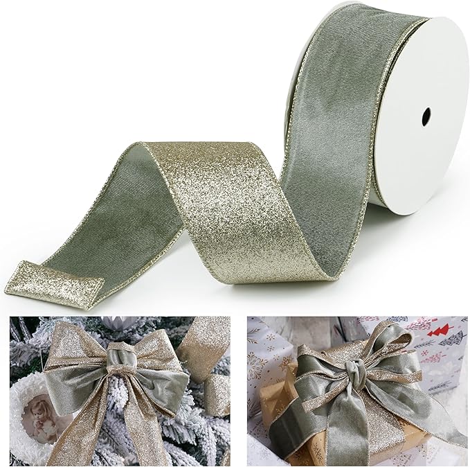 Sage Green Velvet Wired Ribbon with Glitter Back 2.5 Inch Green and Gold Christmas Ribbon Wired Ribbon for Christmas Tree, Gift Wrapping, Crafts, Wreaths Supplies, Topper Bows (10 Yards)