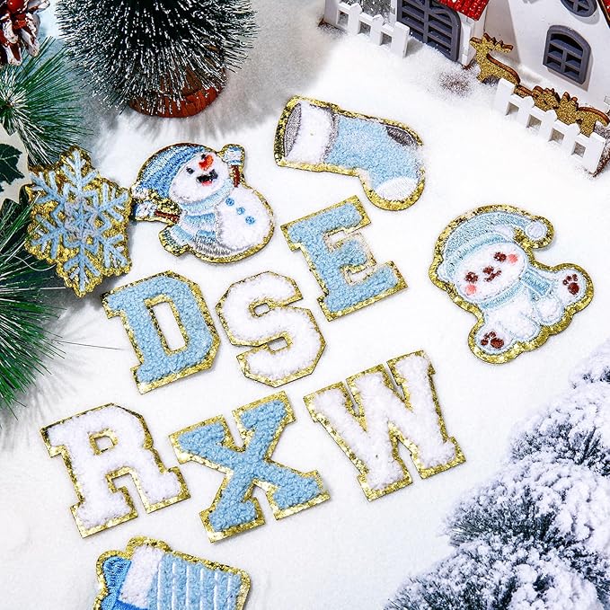 72 Pcs Winter Stickers Patches Snowflake Chenille Christmas Patches Self Adhesive Embroidered,Include 52 A-Z Letters Patch,20 Snowman Gloves Penguin Stick on Patch for Trucker Hats Backpacks Bags