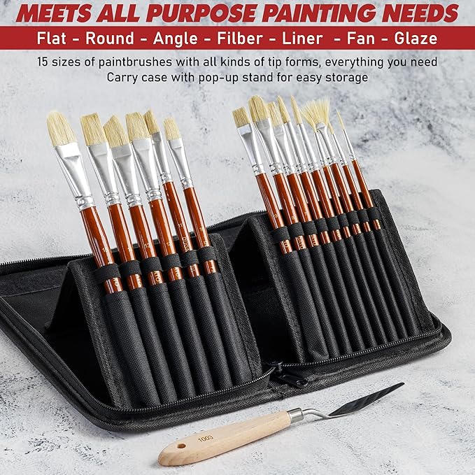 DUGATO Artist Paint Brush Set (15pc) - Short Handle Hog Bristle Brushes for Oil, Acrylic, Gouache, Watercolor - Includes Pop-Up Case, Palette Knife & Sponges - Professional Art Supplies