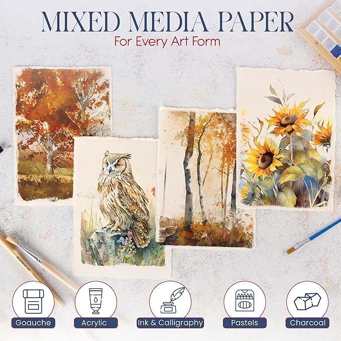 Wanderings Thick Handmade Watercolor Paper with Deckled Edge A5-5.8x8.3-500GSM Premium Ivory Cold-Pressed Textured Mixed Media Paper Made with Recycled Cotton - 15 Loose Leaf Sheets