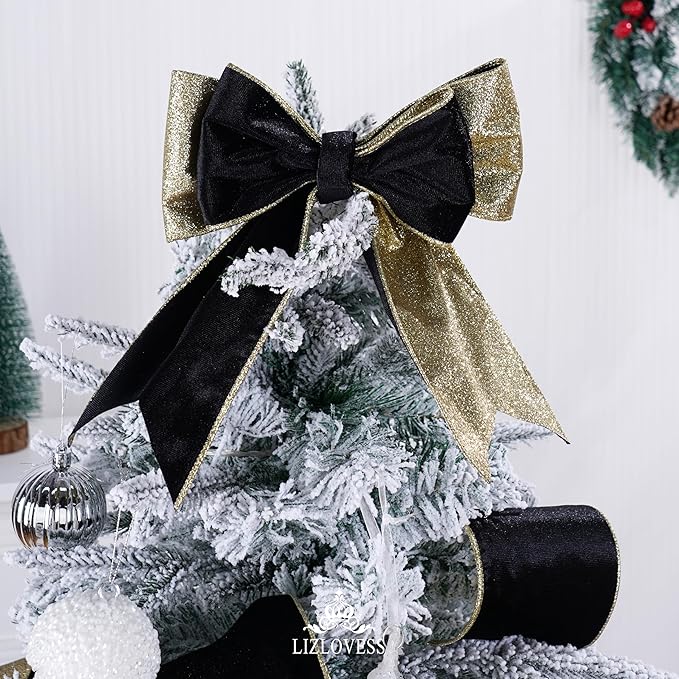 Black Velvet Wired Ribbon with Glitter Back 4 Inch Black and Gold Christmas Ribbon Wired Ribbon for Christmas Tree, Gift Wrapping, Mantel, Wreaths Supplies, Topper Bows (10 Yards)