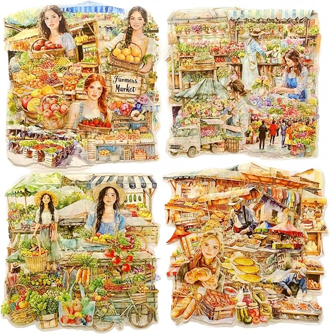 TIAMECH Bazaar PET Stickers - 80 Pcs Fruit Stand Food Street & Flower Vegetable Market Design, Waterproof Sticker for Journaling & Scrapbooking, Junk Journal Supplies, Ephemera & DIY Crafts