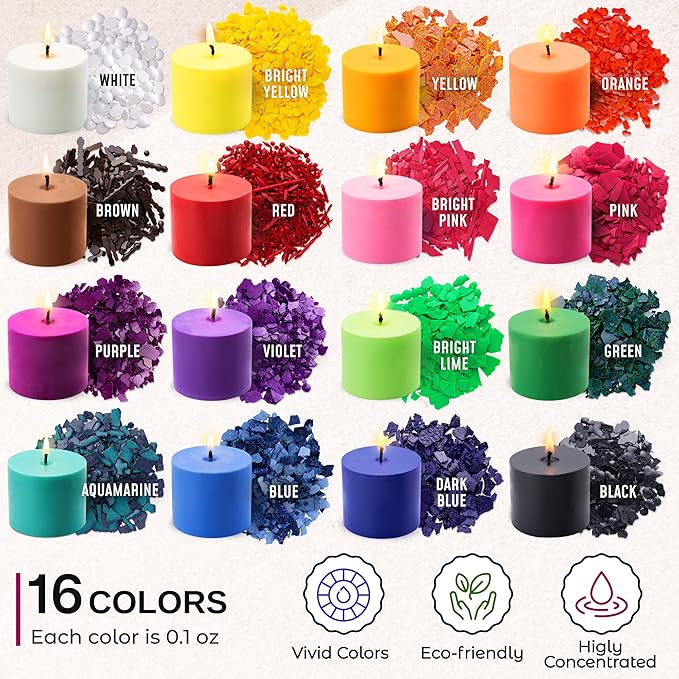 Candle Wax Dye for Soy Candle Making - 16 Popular Candle Dye Coloring Chips - Premium Candle Wax Coloring - Highly Concentrated Candle Chips Colors