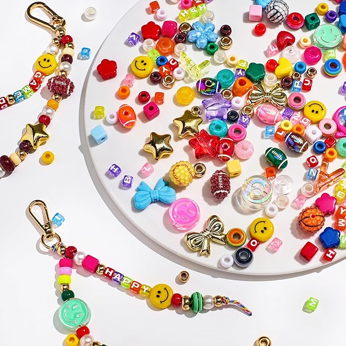 304PCS Beads Keychain Making Kit , Acrylic Colorful Letter Star Smile Bow Football Baseball DIY Supplies Crafts Key Chain Bag Charm Accessoriess Jewerly Making Kit for Girls Boys Kids Women