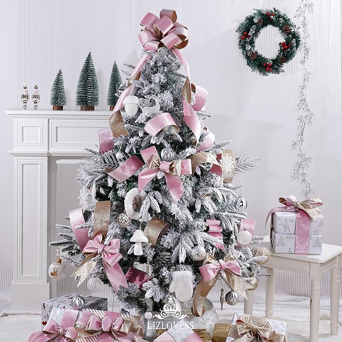 Pink Velvet Wired Ribbon with Glitter Back 2.5 Inch Pink and Gold Christmas Ribbon Wired Ribbon for Christmas Tree, Gift Wrapping, Mantel, Wreaths Supplies, Topper Bows (10 Yards)