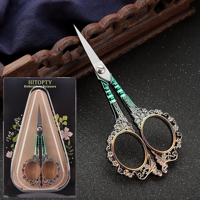 Sewing Scissors Sharp Embroidery Scissors with Sheath, Craft Scissor for Needlework Artwork Threading Cross Stitch Handicraft DIY Tool, 4.5in Gold Green Shears