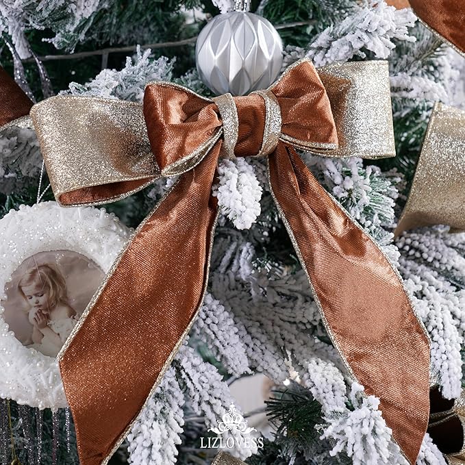 Brown Velvet Wired Ribbon with Glitter Back 2.5 Inch Camel Christmas Ribbon Wired Reversible Ribbon for Christmas Tree, Gift Wrapping, Crafts, Wreaths Supplies, Topper Bows (10 Yards)