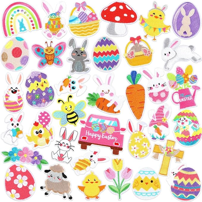 AUGSUN 36pcs Easter Iron On Patches Chicken Bunny Carrot Egg Basket Candy Embroidered Sew Applique Repair Patch DIY Crafts for Clothing Jacket Jeans Pants Dress Backpack Hat Decorations
