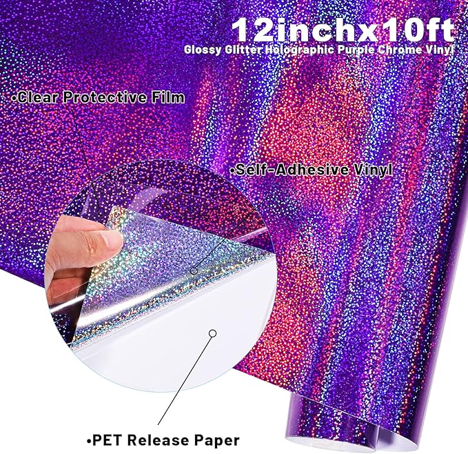 GIRAFVINYL Purple Holographic Vinyl - 12" x10ft Glitter Vinyl for DIY Halloween Signs, Home and Car Decorations