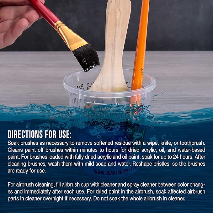 U.S. Art Supply Brush Cleaner and Restorer, 16 Ounce Bottle - Quickly Cleans Paint Brushes, Airbrushes, Art Tools - Cleaning Solution to Remove Dried On Acrylic, Oil and Water-Based Paint Colors