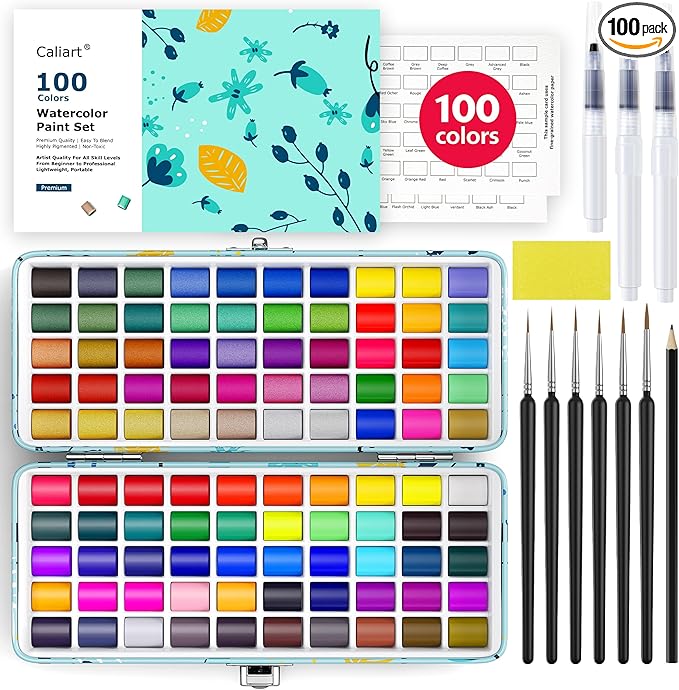 100 Colors Watercolor Paint Set with 4 Brushes, Portable Travel Water Color Kit with Carrying Case, Palette and Accessories, Art Supplies Gift for Artists Adults Painters Beginners