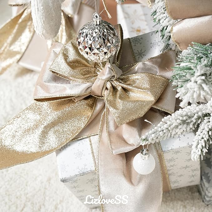 Champagne Velvet Wired Ribbon with Glitter Back 4 Inch Ivory and Gold Christmas Wired Ribbon for Christmas Tree Decorations, Gift Wrapping, Mantel, Wreaths Supplies, Topper Bows (10 Yards)