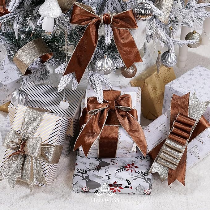 Brown Velvet Wired Ribbon with Glitter Back 2.5 Inch Camel Christmas Ribbon Wired Reversible Ribbon for Christmas Tree, Gift Wrapping, Crafts, Wreaths Supplies, Topper Bows (10 Yards)