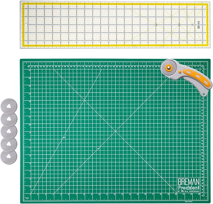 WA Portman Self Healing Cutting Mat & Rotary Cutter Set – 45mm Rotary Cutter for Fabric with 5 Extra Blades with 18x24 Fabric Cutting Mats for Crafts & 6x24 Acrylic Quilting Rulers – 3pc Sewing Kit