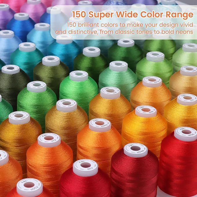 New brothread Embroidery Machine Thread Mega Kit 150 Colors Compatible with Brother & Janome Polyester Embroidery Thread 40WT 1000M/1100YD Each Spool for Home-Used & Commercial Embroidery Machines