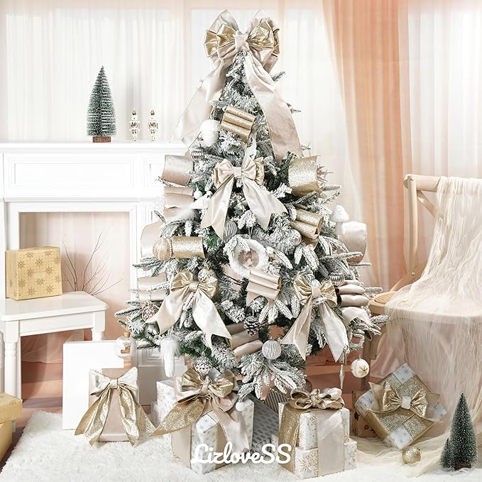 Champagne Velvet Wired Ribbon with Glitter Back 4 Inch Ivory and Gold Christmas Wired Ribbon for Christmas Tree Decorations, Gift Wrapping, Mantel, Wreaths Supplies, Topper Bows (10 Yards)