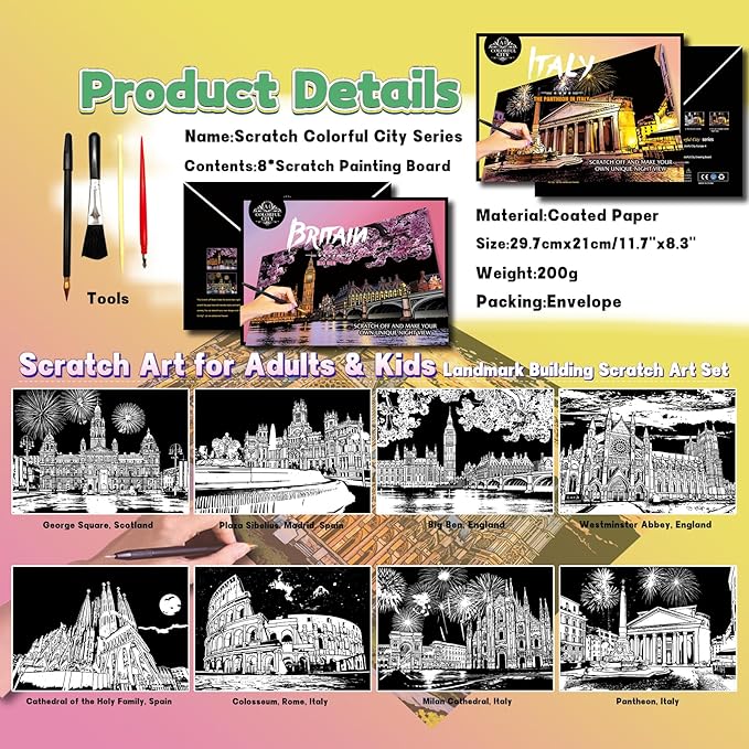 Scratch Art Painting Kit for Adults-8 Sheets A4 Rainbow Scratch Painting Paper Craft Set with City Landmarks|Stress Relief Gift for Travel&Craft Lovers|Scratch Art Home Decor(Europe Series 2)