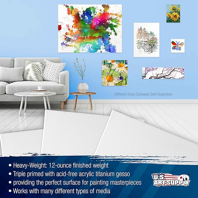 U.S. Art Supply 36 x 36 inch Stretched Canvas 12-Ounce Triple Primed, 3-Pack - Professional Artist Quality White Blank 3/4" Profile, 100% Cotton, Heavy-Weight Gesso - Acrylic Pouring, Oil Painting