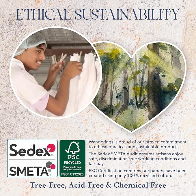 Wanderings Thick Handmade Watercolor Paper with Deckled Edge A5-5.8x8.3-500GSM Premium White Cold -Pressed Textured Mixed Media Paper Made with Recycled Cotton - 15 Loose Leaf Sheets