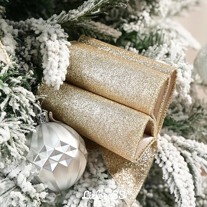 Champagne Velvet Wired Ribbon with Glitter Back 4 Inch Ivory and Gold Christmas Wired Ribbon for Christmas Tree Decorations, Gift Wrapping, Mantel, Wreaths Supplies, Topper Bows (10 Yards)