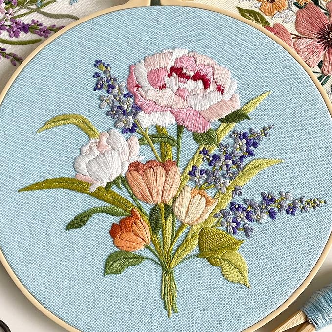 Myfelicity Embroidery Kit, 4 Flower Pattern Embroidery Set with 4 Patterns and 2 Hoops, Adult and Beginner Needlepoint Kit with Embroidery Floss, Needles, Cotton Fabric and Instructions…