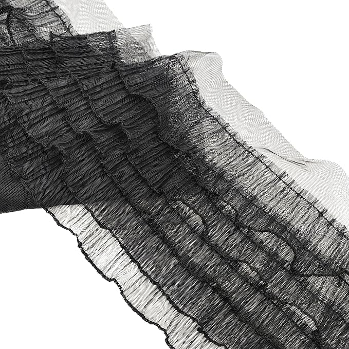 1 Yards Black Pleated Lace Chiffon Fabric Elastic Lace Trim for Wedding Bridal Dress Decoration DIY Sewing Clothing Decoration, 6 Inch