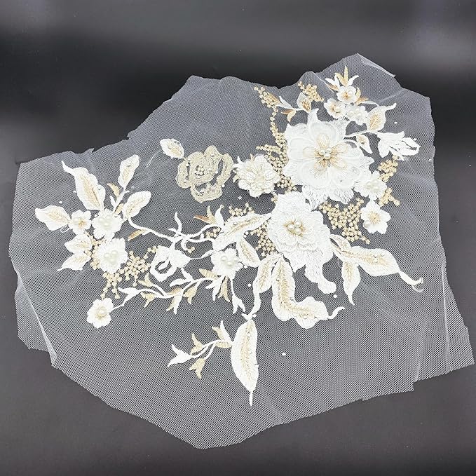 1 PC 3D White Lace Flowers Fabric Embroidered Applique Beads Trim Patches for Wedding Bridal Dress Decoration DIY Sewing Clothing Decoration, 13 x 10 Inch