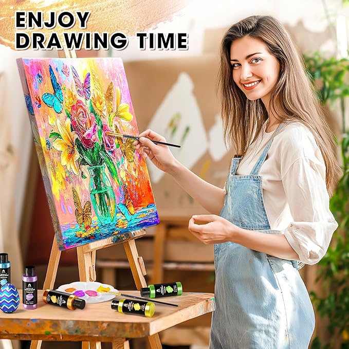 52 Pcs Metallic Acrylic Paint Set with 12 Brushes, 2 Knives & Palette, 36 Colors (2oz/60ml) - for Adults, Kids, Artists & Beginners - Canvas Ceramic Rock Wood Pumpkin Painting Kit