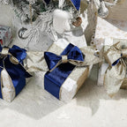 Blue Velvet Wired Ribbon with Glitter Back 4 Inch Navy Blue and Gold Christmas Ribbon Wired Ribbon for Christmas Tree, Gift Wrapping, Mantel, Wreaths Supplies, Topper Bows (10 Yards)