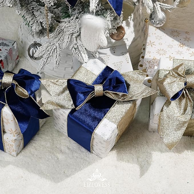 Blue Velvet Wired Ribbon with Glitter Back 4 Inch Navy Blue and Gold Christmas Ribbon Wired Ribbon for Christmas Tree, Gift Wrapping, Mantel, Wreaths Supplies, Topper Bows (10 Yards)