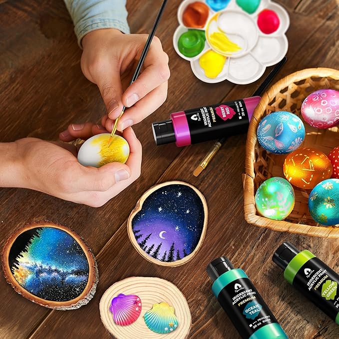 52 Pcs Iridescent Acrylic Paint Set with 12 Brushes, 2 Knives & Palette, 36 Colors (2oz/60ml) - for Adults, Kids, Artists & Beginners - Canvas Ceramic Rock Wood Egg Painting Kit