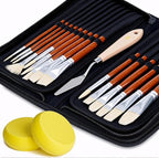 DUGATO Artist Paint Brush Set (15pc) - Short Handle Hog Bristle Brushes for Oil, Acrylic, Gouache, Watercolor - Includes Pop-Up Case, Palette Knife & Sponges - Professional Art Supplies