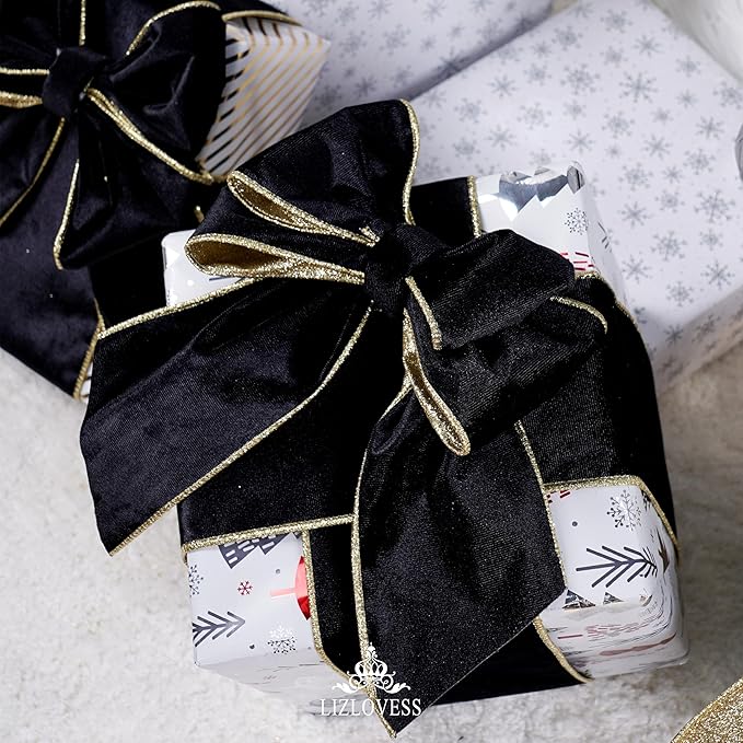 Black Velvet Wired Ribbon with Glitter Back 4 Inch Black and Gold Christmas Ribbon Wired Ribbon for Christmas Tree, Gift Wrapping, Mantel, Wreaths Supplies, Topper Bows (10 Yards)