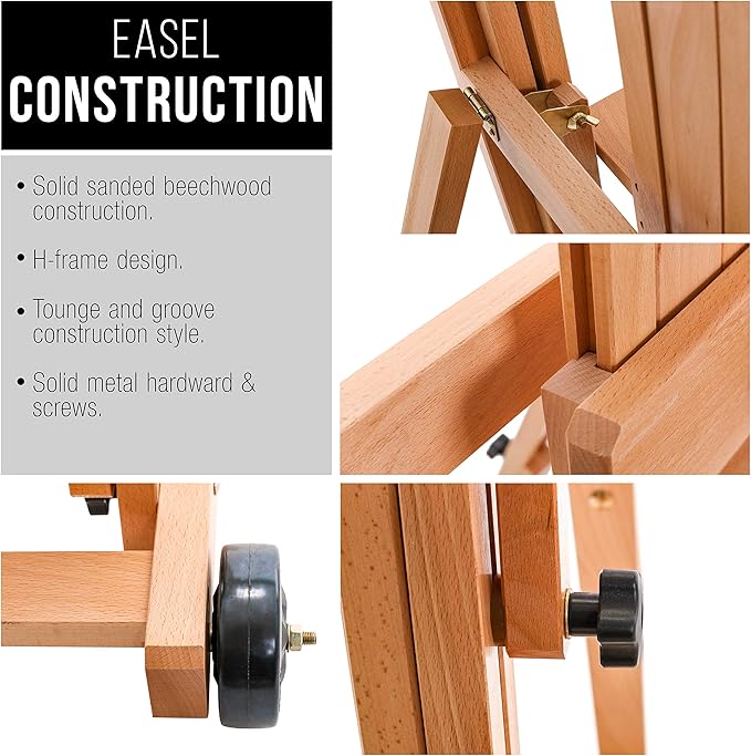 U.S. Art Supply Master Multi-Function Studio Artist Wooden Floor Easel - Large Heavy Duty Adjustable H-Frame, Tilts Flat, Mast Adjusts to 97" High - Beechwood Painting Canvas Holder Stand with Wheels
