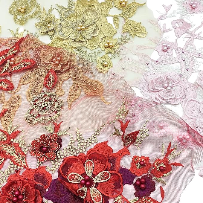 1 PC 3D White Lace Flowers Fabric Embroidered Applique Beads Trim Patches for Wedding Bridal Dress Decoration DIY Sewing Clothing Decoration, 13 x 10 Inch