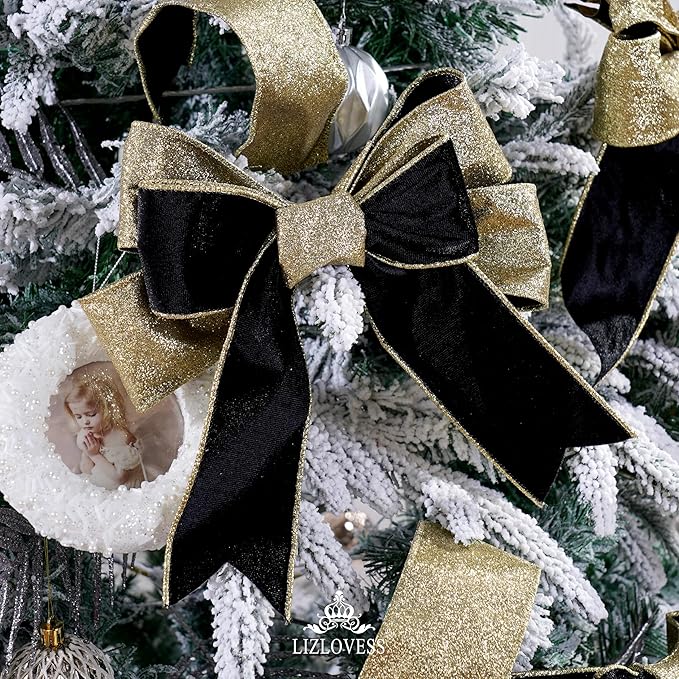 Black Velvet Wired Ribbon with Glitter Back 2.5 Inch Black and Gold Christmas Ribbon Wired Ribbon for Christmas Tree, Gift Wrapping, Mantel, Wreaths Supplies, Topper Bows (10 Yards)