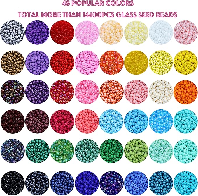 LEECOON 15800+pcs Size 8/0, 3mm Glass Seed Beads for Bracelet Jewelry Making, Small Beads 48 Colors Assortments Kit for Making Necklace Earring with Alphabet Beads Charms Pendants