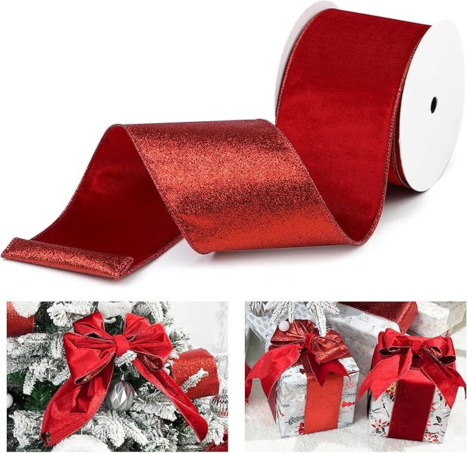 Red Velvet Wired Ribbon with Glitter Back 4 Inch Red Christmas Ribbon Wired Reversible Ribbon for Christmas Tree, Gift Wrapping, Mantel, Wreaths Supplies, Topper Bows (10 Yards)