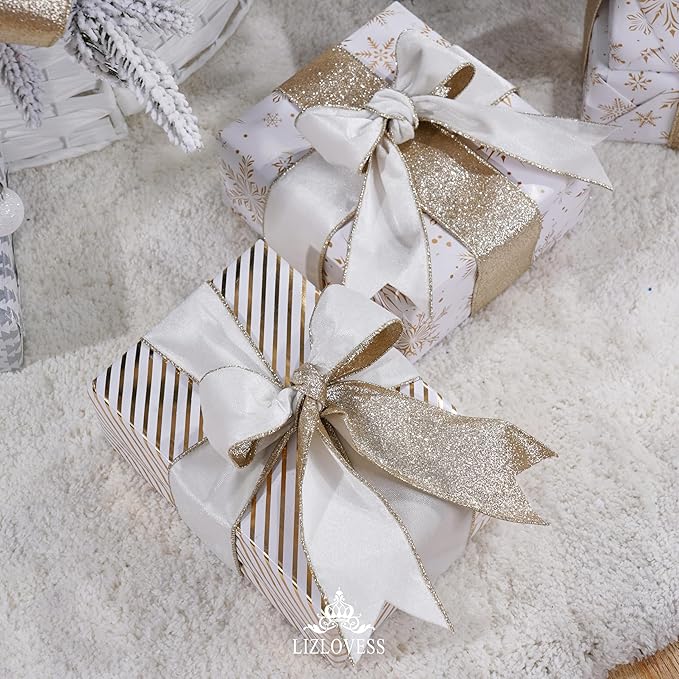 White Velvet Wired Ribbon with Glitter Back 2.5 Inch White and Gold Christmas Ribbon Wired Ribbon for Christmas Tree, Gift Wrapping, Mantel, Wreaths Supplies, Topper Bows (10 Yards)