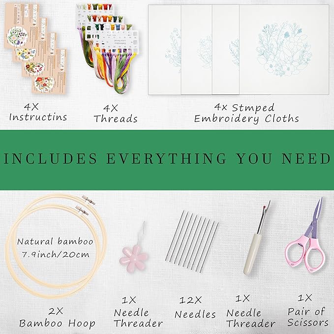 SevFan 4 Sets Embroidery Kit for Beginners Adults,Needlepoint Kits for Adults with Easy Stamped Floral Pattern Fabric Hand Crafts,Bamboo Hoop,Needle,Cloth,Embroidery Kit for Decor Home Room (flower-3)