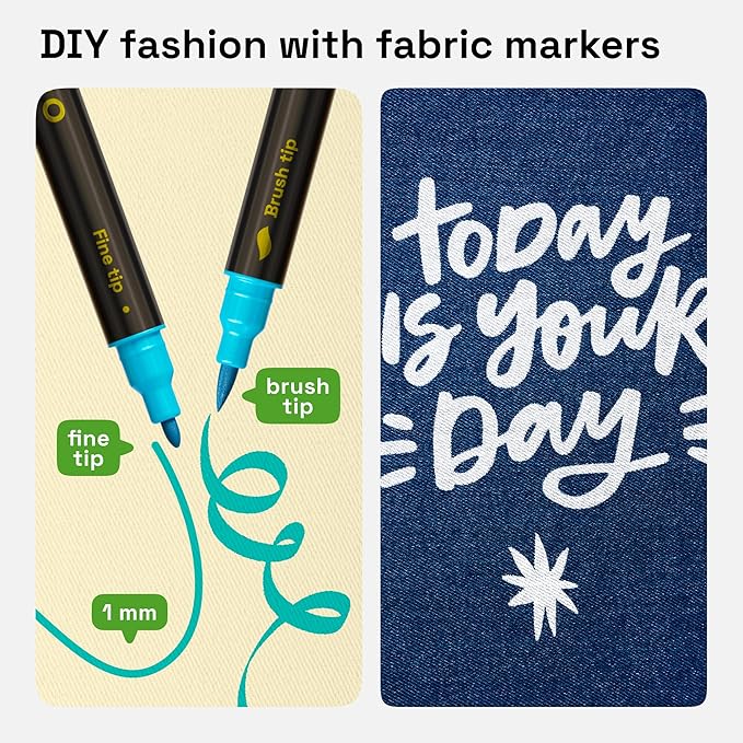 ARTISTRO 12 Dual-Tip Fabric Markers - Fabric Decorating Kit - Permanent for Clothes - No Bleed Pens for T-Shirts, Bags, Textile, Canvas, and More (Brush Tip and Fine Tip)
